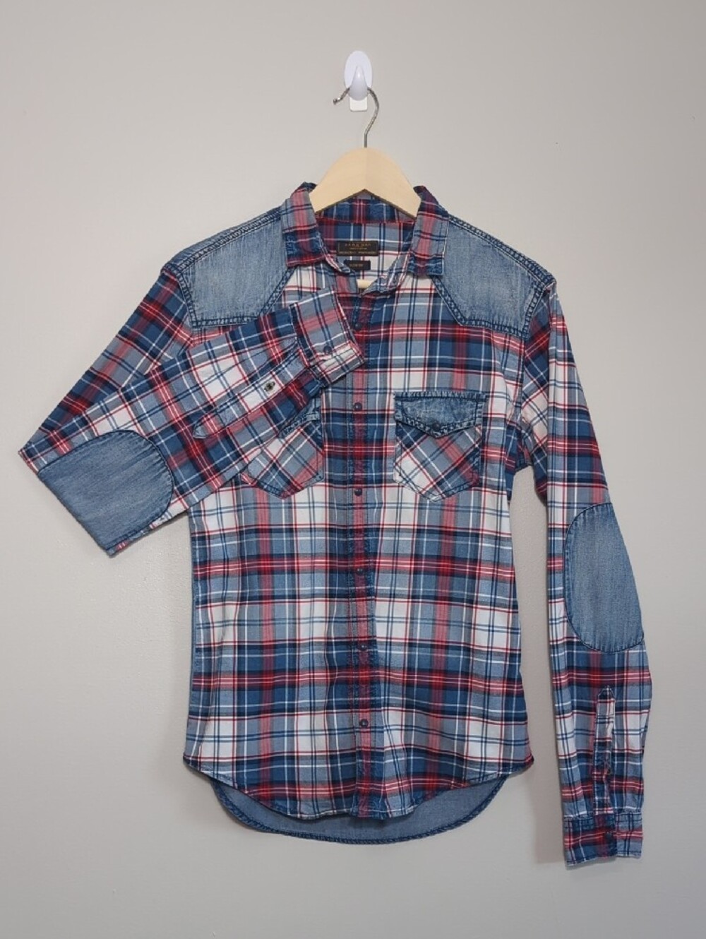 Zara Man‎ Slim Fit Plaid Button-Up Shirt Denim Red White Blue 4th of July SM/MED - Picture 9 of 16